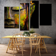 Load image into Gallery viewer, buddha face canvas wall art buddha meditation close up canvas print colorful peaceful buddha 4 piece multi canvas in living room
