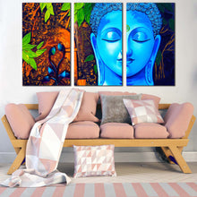 Load image into Gallery viewer, buddha face canvas wall art buddha mind soul 3 piece canvas print blue buddha meditation multi canvas artwork In Living Room
