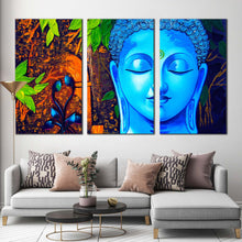 Load image into Gallery viewer, buddha face canvas wall art buddha mind soul 3 piece canvas print blue buddha meditation multi canvas artwork For Living Room
