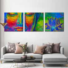 Load image into Gallery viewer, buddha  face  canvas  wall  art  colorful  buddha  canvas  set  head  of  lord  buddha  3  piece  canvas  print In Living Room
