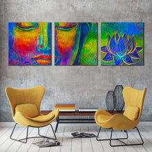 Load image into Gallery viewer, buddha  face  canvas  wall  art  colorful  buddha  canvas  set  head  of  lord  buddha  3  piece  canvas  print For Living Room
