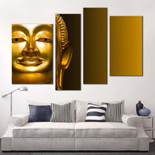 Load image into Gallery viewer, buddha face canvas wall art gold buddha statue canvas set yellow background lord buddha 4 piece multi canvas in living room
