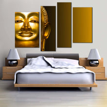 Load image into Gallery viewer, buddha face canvas wall art gold buddha statue canvas set yellow background lord buddha 4 piece multi canvas for bedroom
