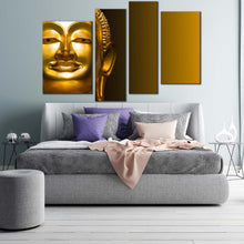 Load image into Gallery viewer, buddha face canvas wall art gold buddha statue canvas set yellow background lord buddha 4 piece multi canvas
