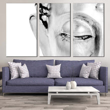 Load image into Gallery viewer, buddha face canvas wall art grey peaceful buddha 3 piece multi canvas black and white buddha canvas print In Living Room
