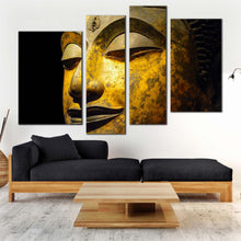 Load image into Gallery viewer, buddha face canvas wall art peaceful buddha 4 piece canvas print yellow grey buddha close up multiple canvas for living room
