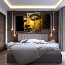 Load image into Gallery viewer, buddha face canvas wall art peaceful buddha 4 piece canvas print yellow grey buddha close up multiple canvas
