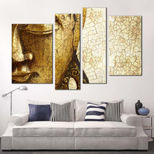 Load image into Gallery viewer, buddha face canvas wall art statue close up multiple canvas gold buddha mind and soul canvas print yellow peaceful buddha 4 piece canvas for living room
