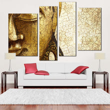 Load image into Gallery viewer, buddha face canvas wall art statue close up multiple canvas gold buddha mind and soul canvas print yellow peaceful buddha 4 piece canvas
