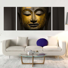 Load image into Gallery viewer, buddha  face  canvas  wall  art  yellow  grey  buddha  mind  soul  3  piece  canvas  print  buddha  meditation  multi  canvas  artwork In Living Room
