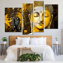 Load image into Gallery viewer, buddha face canvas wall art yellow peaceful buddha mind soul 4 piece canvas set buddha meditation canvas print in bedroom
