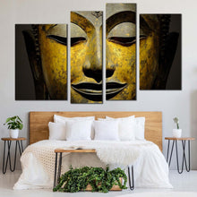 Load image into Gallery viewer, buddha face canvas wall art yellow peaceful buddha mind soul 4 piece multi canvas artwork grey buddha meditation canvas print in bedroom
