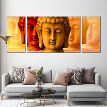 Load image into Gallery viewer, buddha  faces  canvas  print  mind  soul  buddha  3  piece  multi  canvas  red  yellow  buddha  shadows  canvas  wall  art For Living Room
