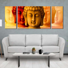 Load image into Gallery viewer, buddha  faces  canvas  print  mind  soul  buddha  3  piece  multi  canvas  red  yellow  buddha  shadows  canvas  wall  art In Living Room
