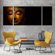 Load image into Gallery viewer, buddha  head  canvas  print  gold  buddha  face  3  piece  canvas  wall  art  yellow  peaceful  buddha  statue  canvas  artwork In Living Room
