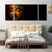 Load image into Gallery viewer, buddha  head  canvas  print  gold  buddha  face  3  piece  canvas  wall  art  yellow  peaceful  buddha  statue  canvas  artwork For Bedroom
