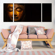 Load image into Gallery viewer, buddha  head  canvas  print  gold  buddha  face  3  piece  canvas  wall  art  yellow  peaceful  buddha  statue  canvas  artwork For Living Room
