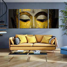 Load image into Gallery viewer, buddha  meditation  canvas  print  grey  yellow  buddha  close  up  canvas  set  peaceful  buddha  mind  soul  3  piece  canvas  wall  art For Your Living Room
