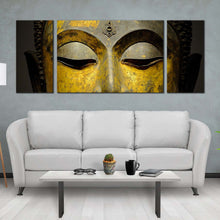 Load image into Gallery viewer, buddha  meditation  canvas  print  grey  yellow  buddha  close  up  canvas  set  peaceful  buddha  mind  soul  3  piece  canvas  wall  art For Living Room
