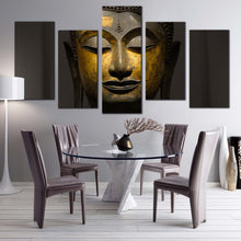 Load image into Gallery viewer, buddha meditation canvas print grey yellow buddha close up multiple canvas peaceful buddha mind soul 5 piece canvas wall art In Dining Room
