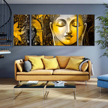 Load image into Gallery viewer, buddha  meditation  canvas  print  yellow  buddha  close  up  multi  canvas  peaceful  buddha  mind  soul  3  piece  canvas  wall  art For Living Room
