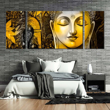 Load image into Gallery viewer, buddha  meditation  canvas  print  yellow  buddha  close  up  multi  canvas  peaceful  buddha  mind  soul  3  piece  canvas  wall  art For Bedroom
