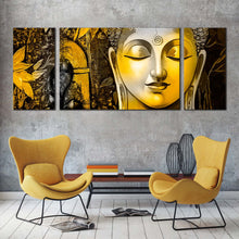 Load image into Gallery viewer, buddha  meditation  canvas  print  yellow  buddha  close  up  multi  canvas  peaceful  buddha  mind  soul  3  piece  canvas  wall  art In Living Room
