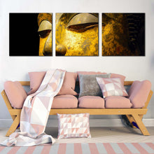 Load image into Gallery viewer, buddha  meditation  canvas  print  yellow  grey  buddha  face  multiple  canvas  peaceful  buddha  close  up  3  piece  canvas  wall  art In Living Room
