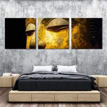 Load image into Gallery viewer, buddha  meditation  canvas  print  yellow  grey  buddha  face  multiple  canvas  peaceful  buddha  close  up  3  piece  canvas  wall  art For Bedroom
