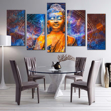 Load image into Gallery viewer, buddha meditation canvas wall art blue light buddha canvas set orange buddha oil painting 5 piece canvas print In Dining Room
