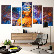 Load image into Gallery viewer, buddha meditation canvas wall art blue light buddha canvas set orange buddha oil painting 5 piece canvas print For Living Room
