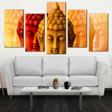 Load image into Gallery viewer, buddha meditation canvas wall art buddha faces 5 piece canvas print red yellow buddha shadows multiple canvas In Living Room
