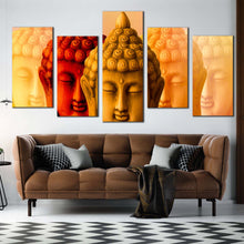 Load image into Gallery viewer, buddha meditation canvas wall art buddha faces 5 piece canvas print red yellow buddha shadows multiple canvas For Your Living Room
