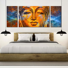 Load image into Gallery viewer, buddha  meditation  canvas  wall  art  gold  buddha  face  multi  canvas  yellow  peaceful  buddha  canvas  3  piece  canvas  print In Bedroom
