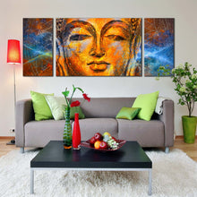 Load image into Gallery viewer, buddha  meditation  canvas  wall  art  gold  buddha  face  multi  canvas  yellow  peaceful  buddha  canvas  3  piece  canvas  print In Living Room
