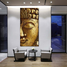 Load image into Gallery viewer, buddha  meditation  canvas  wall  art  gold  buddha  mind  and  soul  canvas  artwork  yellow  peaceful  buddha  vertical  canvas  print In Living Room
