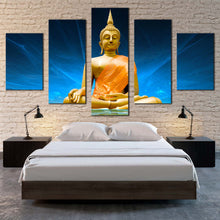 Load image into Gallery viewer, buddha meditation canvas wall art gold buddha statue 5 piece canvas print blue scenic lighting background buddha multiple canvas For Bedroom
