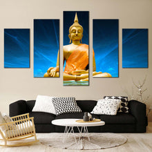 Load image into Gallery viewer, buddha meditation canvas wall art gold buddha statue 5 piece canvas print blue scenic lighting background buddha multiple canvas For Your Living room
