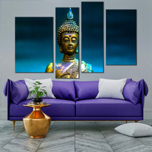 Load image into Gallery viewer, buddha meditation canvas wall art gold peaceful buddha statue canvas print blue background buddha 4 piece multiple canvas for living room
