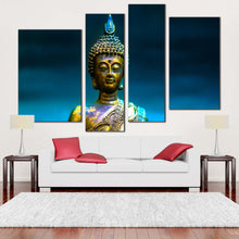 Load image into Gallery viewer, buddha meditation canvas wall art gold peaceful buddha statue canvas print blue background buddha 4 piece multiple canvas for your living room 
