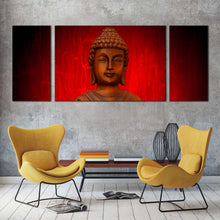 Load image into Gallery viewer, buddha  meditation  canvas  wall  art  orange  buddha  statue  canvas  print  red  background  buddha  3  piece  multiple  canvas In Living Room
