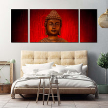 Load image into Gallery viewer, buddha  meditation  canvas  wall  art  orange  buddha  statue  canvas  print  red  background  buddha  3  piece  multiple  canvas For Your Living Room
