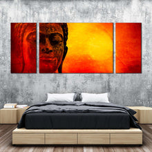 Load image into Gallery viewer, buddha  meditation  canvas  wall  art  yellow  sky  buddha  close  up  multi  canvas  orange  buddha  3  piece  canvas  print In Bedroom
