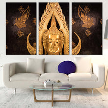 Load image into Gallery viewer, buddha statue canvas print beautiful buddha temple 3 piece canvas wall art golden buddha multi canvas In Living Room
