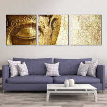 Load image into Gallery viewer, buddha  statue  canvas  print  yellow  buddha  meditation  statue  canvas  set  yellow  peaceful  buddha  close  up  3  piece  canvas  wall  art For Your Living Room
