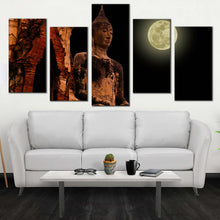 Load image into Gallery viewer, buddha statue canvas wall art black sky full moon buddha temple 5 piece canvas big oldest brown buddha canvas print In Living Room
