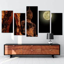 Load image into Gallery viewer, buddha statue canvas wall art black sky full moon buddha temple 5 piece canvas big oldest brown buddha canvas print
