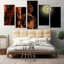 Load image into Gallery viewer, buddha statue canvas wall art black sky full moon buddha temple 5 piece canvas big oldest brown buddha canvas print For Bedroom
