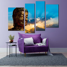 Load image into Gallery viewer, buddha statue canvas wall art blue sky sunrise buddha 4 piece canvas print brown buddha mind and soul multiple canvas in living room
