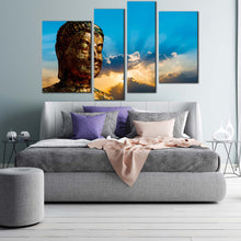 Load image into Gallery viewer, buddha statue canvas wall art blue sky sunrise buddha 4 piece canvas print brown buddha mind and soul multiple canvas for bedroom
